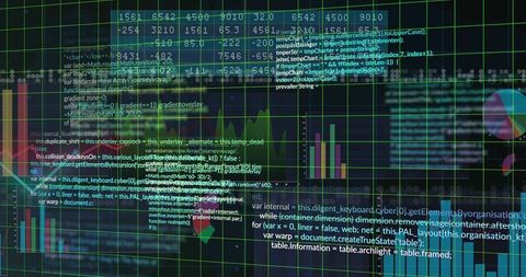 Displaying neon analytics dashboard with code overlay, bar charts, waveform, pie chart