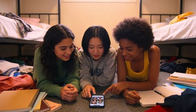 College roommates studying together on dorm floor sharing smartphone and notes by bunk beds