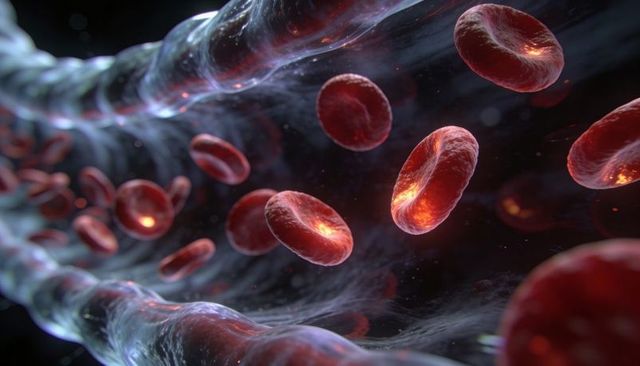 Red blood cells flowing through capillary with glowing plasma detail 3d medical render