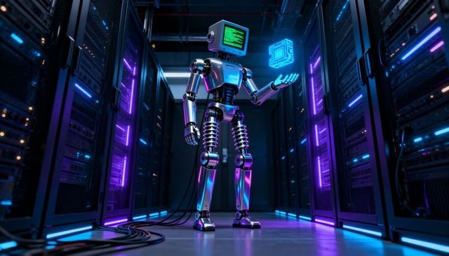 Chrome humanoid robot with crt monitor head holding holographic cube in server aisle