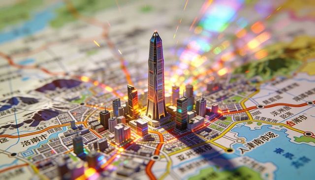 Miniature urban model rising on harbor map with neon skyscraper and chinese labels