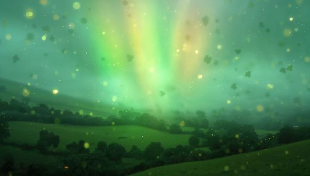 Emerald aurora glowing over misty rolling hills with hedgerow silhouettes and soft bokeh