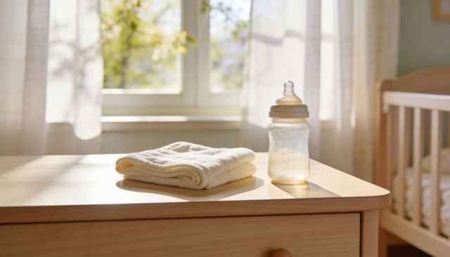 Sunlit neutral nursery dresser with baby bottle and folded towel, minimalist wooden decor