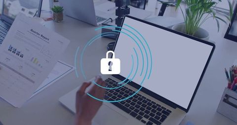 Office scene with woman reviewing quarterly report stock image