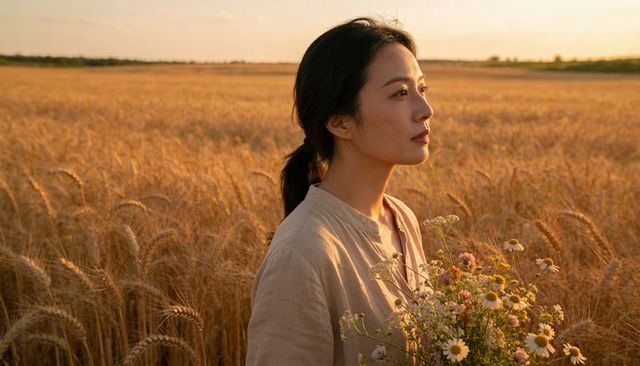 Asian woman holding wildflower bouquet in golden wheat field at sunset, linen blouse, golden hour