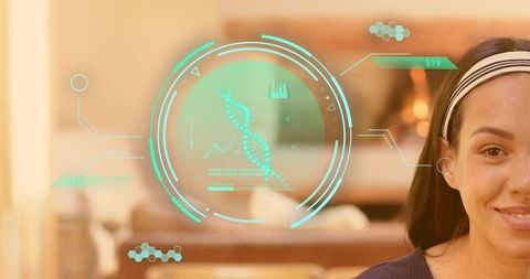 Smiling woman engaging with holographic DNA interface, futuristic health tech portrait