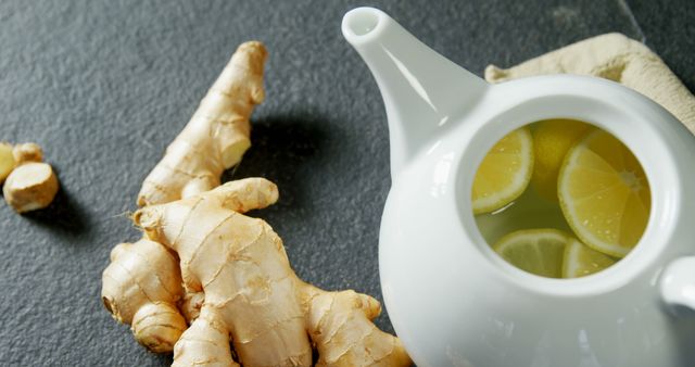 A teapot with lemon ginger tea sits beside fresh ginger roots on a dark surface, with copy space. Ginger tea is popular for its health benefits, including aiding digestion and boosting the immune system.