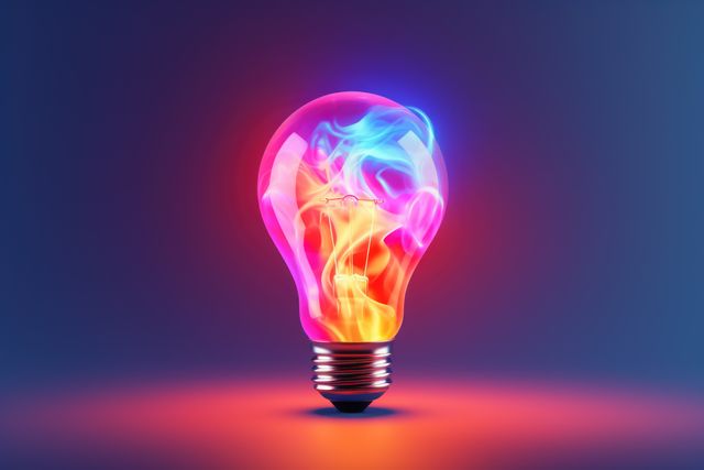 This image features an illuminated light bulb with eye-catching colorful smoke inside it, set against a vibrant gradient background. The vibrant colors suggest creativity, innovative ideas, and energy. This image is perfect for representing concepts related to creativity, inspiration, innovation, technology, and energy efficiency in advertising, presentations, and marketing materials.
