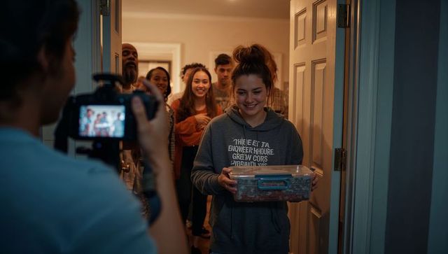 Teen girl carrying clear bin entering doorway while friends gather, camera recording