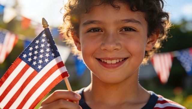 Smiling child holding american flag in sunlit backyard celebrating fourth of july