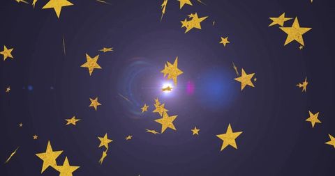 Swirling golden stars surrounding radiant lens flare on deep violet gradient