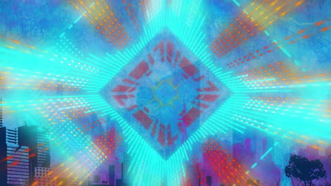 Abstract Multicolored Rhombus Tunnel and Cityscape Fusion
