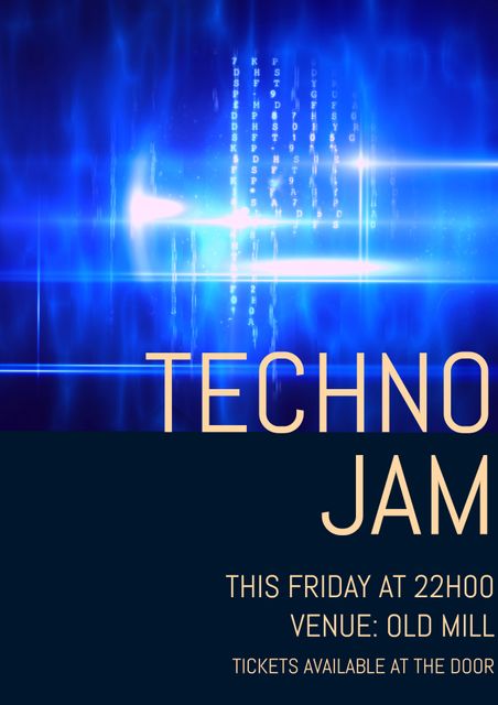 Blue neon digital flyer promoting a techno jam event this Friday at Old Mill. Features illuminated text and a cyber aesthetic. Perfect for event promotions, social media advertising, club publicity, and electronic music enthusiasts looking to attend or promote a high-energy party.