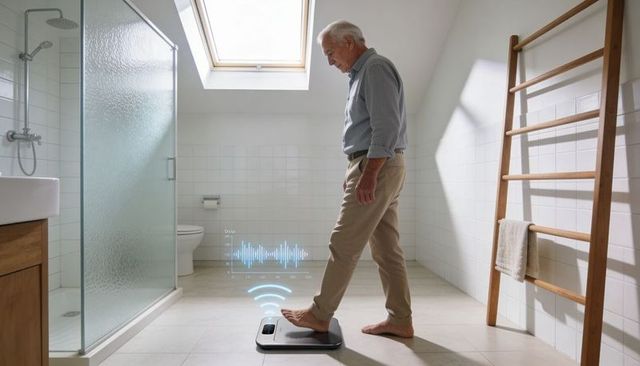 Senior man stepping onto smart scale in sunlit bathroom monitoring health metrics