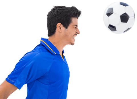 Caucasian Football Player Heading Ball on Transparent Background