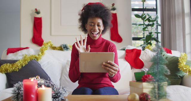 Happy Woman Enjoying Virtual Christmas Celebration Home - Download Free Stock Images Pikwizard.com