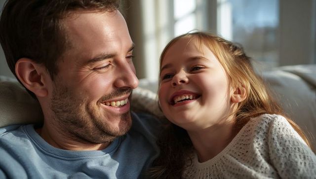 Father and daughter sharing joyful laugh on couch in sunlit living room