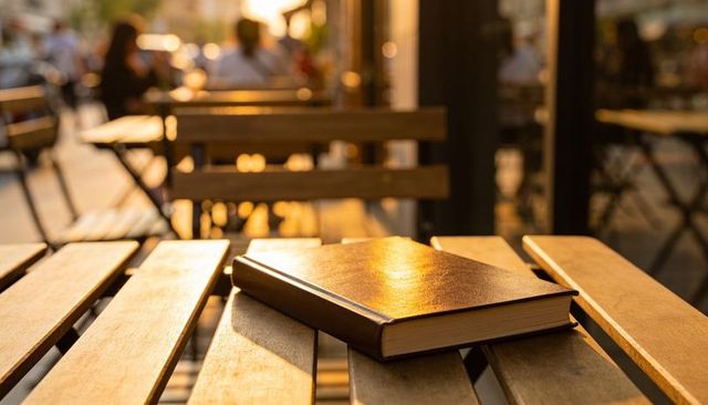 Hardcover book resting on wooden cafe table catching golden hour sunlight and urban bokeh
