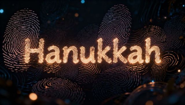 Glowing hanukkah lettering in golden cursive with fingerprint texture and bokeh sparks