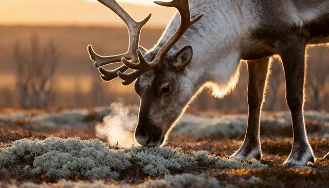 Reindeer grazing on arctic tundra at golden hour showing breath in cold morning air