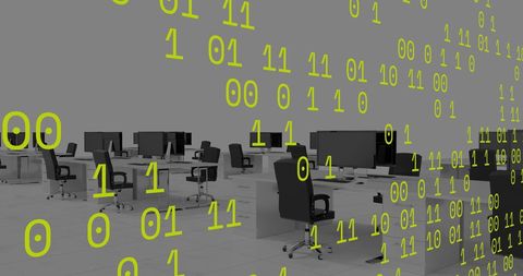 Digital Code Overlaid on Empty Office Workstations - Download Free Stock Images Pikwizard.com