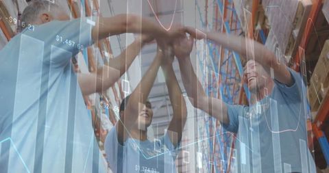 Team Celebrating Successful Logistics in High-Tech Warehouse