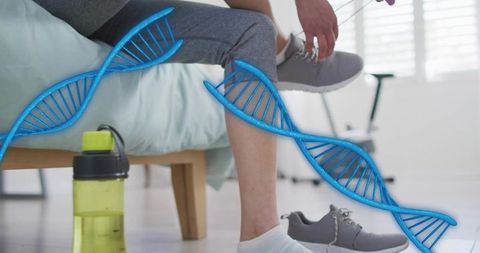 Woman tying sneaker while dna strands illustrate genetic fitness and workout routine
