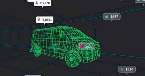 Neon Wireframe Van Showing Social Analytics Badges in Virtual Tunnel