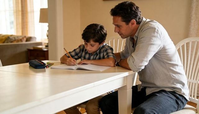Father helping son with homework at dining table, focused boy studying in warm home light