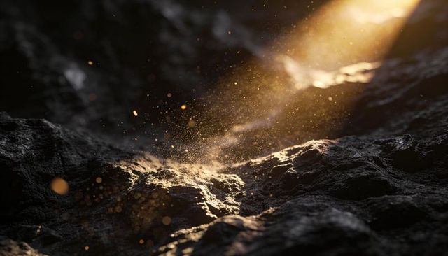 Golden Sunbeam Highlighting Rough Rock Crevice, Floating Dust Motes, Dramatic Texture and Contrast