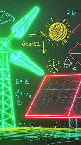 Vertical Neon Chalkboard Animation Showing Wind Turbine and Solar Panel Powering Up