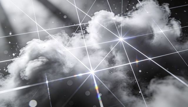 Floating cloud masses crossing luminous grid with starburst flares and prismatic bokeh