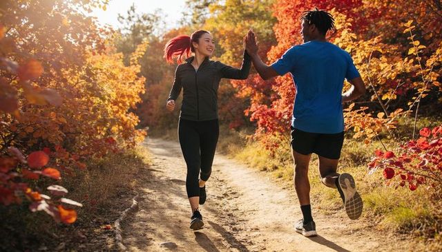 Autumn trail running couple high-fiving midstride on sunlit forest path