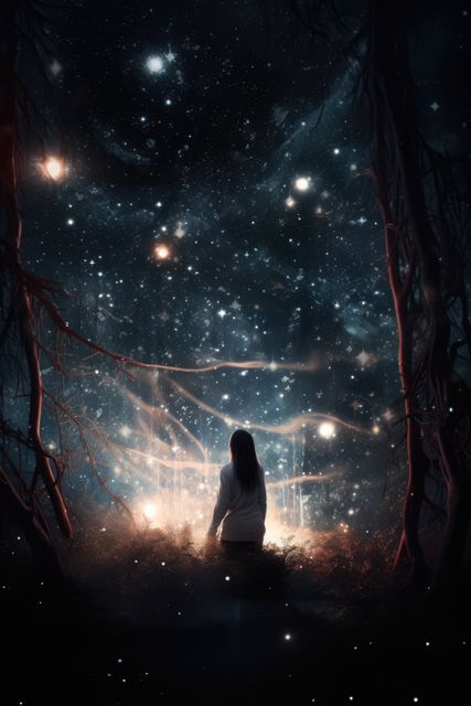 Woman kneeling in an enchanted forest gazing up at a magical, star-filled sky. Dark surroundings with bright celestial lights evoke surreal, dreamy atmosphere. Ideal for use in fantasy artwork, creative projects, dream-world illustrations, and inspirational themes focusing on wonder and marvels of nature.