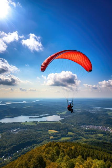 This image depicts an individual paragliding high above a scenic landscape filled with lush greenery, mountain ranges, and distant waters. Perfect for use in travel magazines, adventure blogs, outdoor activity promotions, and social media content appealing to adventure seekers and nature enthusiasts.