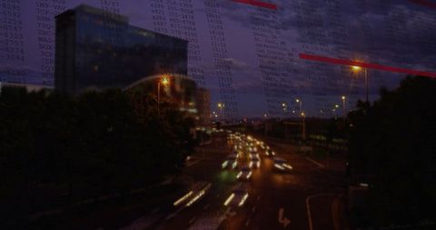 Night Traffic in City with Digital Code Overlay