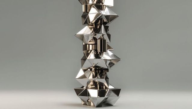 Reflective metallic geometric sculpture on minimalist platform