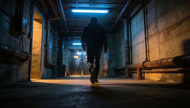Man walking through dim industrial basement corridor with exposed pipes