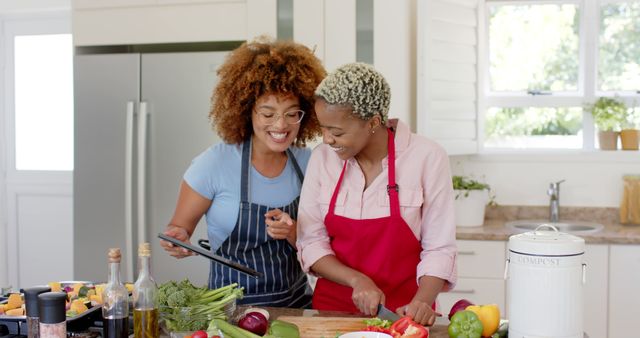 Two Women Cooking Together in Modern Kitchen, Using Tablet for Recipe - Download Free Stock Images Pikwizard.com