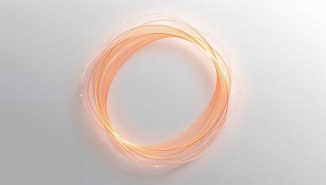 Glowing Amber Fiber Ring Radiating Light with Halo Sparks on Pale Gray Minimalist Background