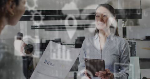 Digital Interface with Businesswoman Analyzing Data