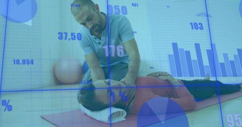 Therapist Guiding Neck Stretch on Red Mat with Digital Overlay