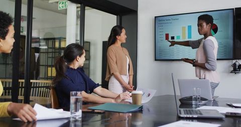 Diverse Businesswomen Collaborating on Sales Presentation