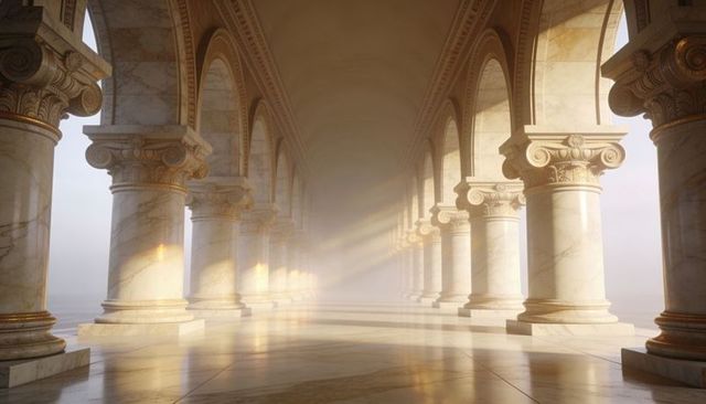 Sunlight streaming through marble colonnade with arched vaults and reflective floor