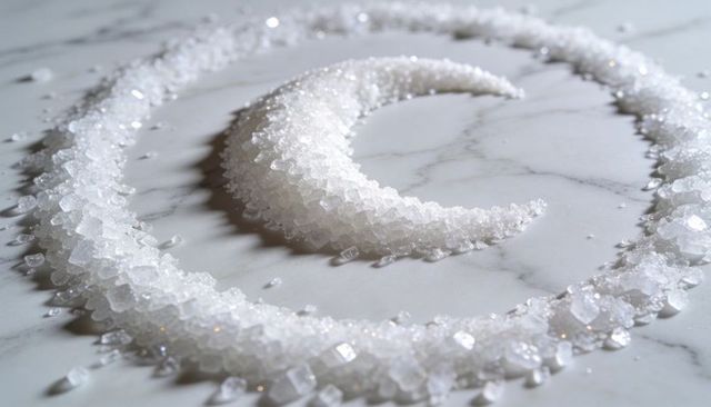 Forming crystalline spiral and crescent of coarse salt on marble slab, sparkling texture