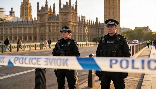 Armed police officers guarding westminster bridge at golden hour with houses of parliament