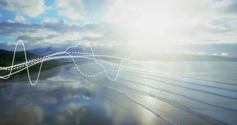 Sunlit shoreline reflecting sky with parallel wave patterns and abstract waveform overlay