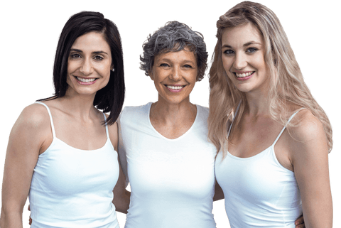 Diverse group of cheerful women in transparent tops smiling