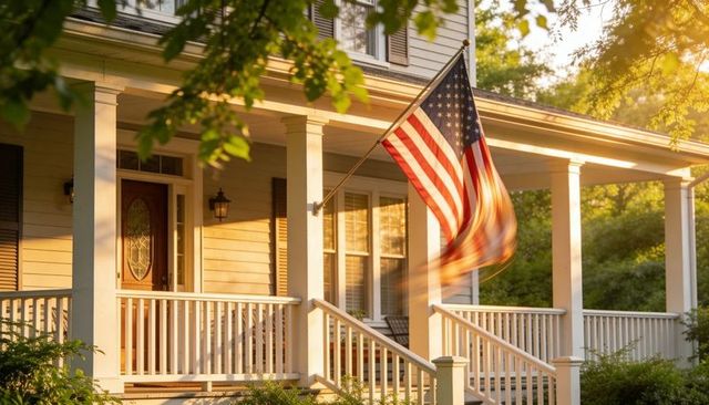 American flag waving on classic white porch during golden hour