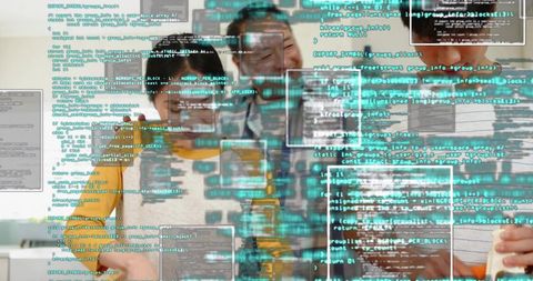 Multigenerational asian family coding in bright modern kitchen with turquoise code overlay